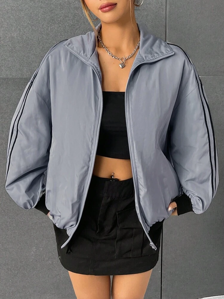 Contrast Trim Drop Shoulder Zipper Padded Coat