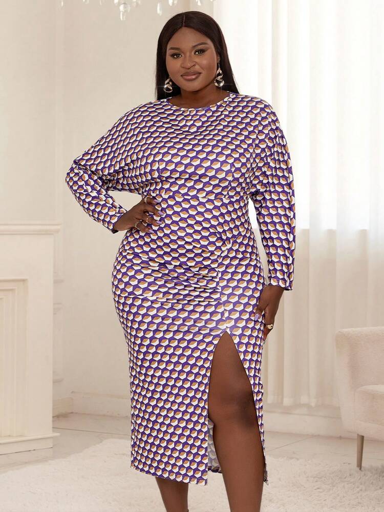 Plus Allover Print Split Thigh Dress Without Belt