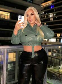 SHEIN SXY 大碼西裝領金屬扣環腰帶短款風衣外套 - 軍綠色 - 查看 3