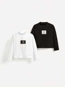 SHEIN 嬰兒男童鈕釦條紋半高領長袖上衣,2入組 - 黑與白 - 查看 1