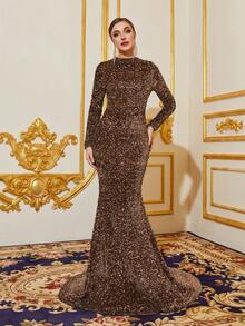 Faeriesty Solid Mermaid Hem Sequin Formal Dress - Coffee Brown - View 6