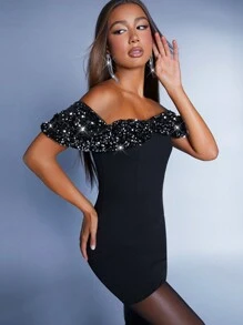 Hauture Off Shoulder Contrast Sequin Bodycon Mini Dress