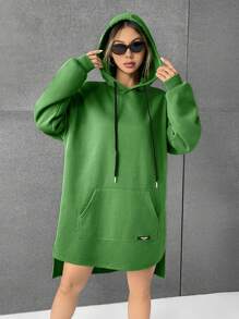 SHEIN EZwear 字母補丁細節袋鼠口袋落肩袖抽繩連帽洋裝 - 綠色 - 查看 1