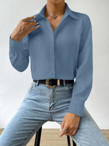 SHEIN EZwear Chất rắn Nút phía trước Áo sơ mi - Màu xanh bụi bặm - Xem 6