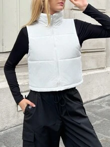 SHEIN EZwear Dây kéo Mùa vụ Áo gi lê Lông vũ - trắng - Xem 3