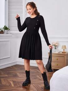 SHEIN Vestido De Jersey De Manga Larga Holgado Con Cuello Redondo Para Adolescentes - Negro - Ver 4
