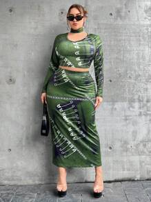 Flirla 大碼字母圖案鎖脖領口T恤和裙子 - 彩色 - 查看 7