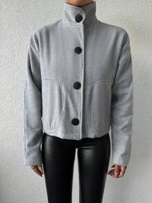 RueChic Solid Button Front Drop Shoulder Coat - Grey - View 6