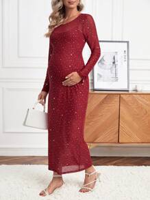 SHEIN Maternity Rhinestone Detail Mesh Dress - Burgundy - View 5