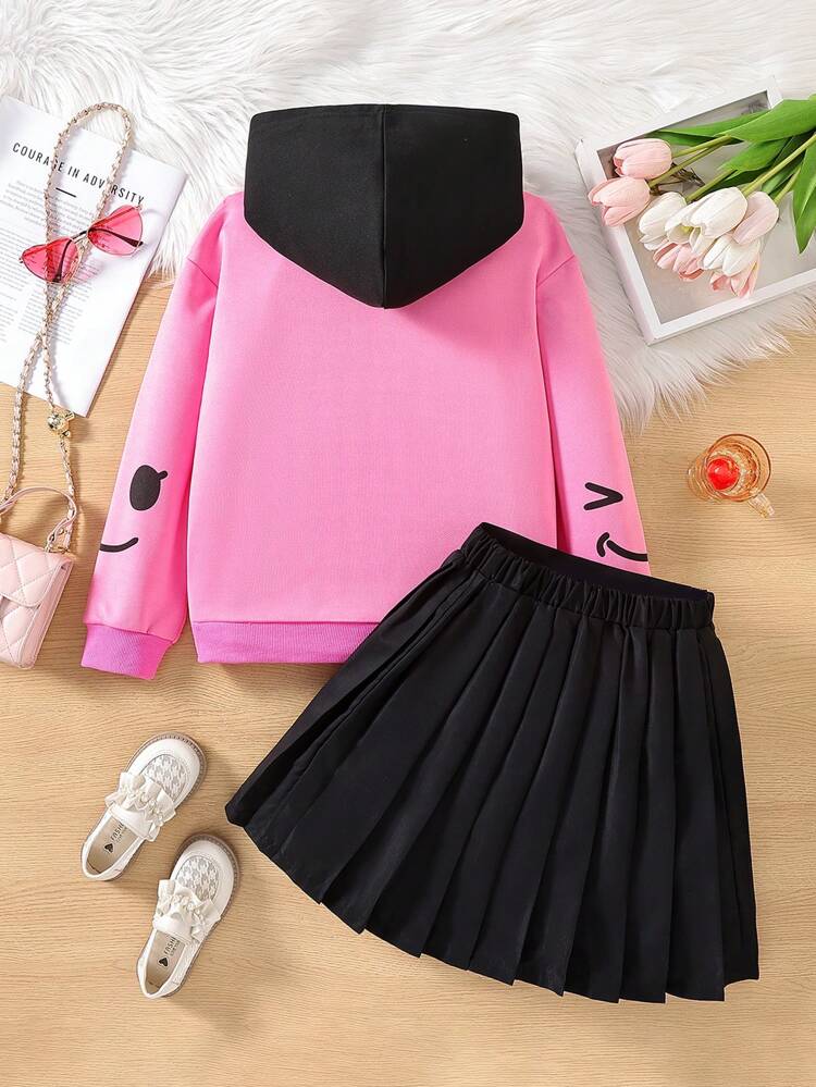 Tween Girl Letter Graphic Colorblock Hoodie & Pleated Skirt