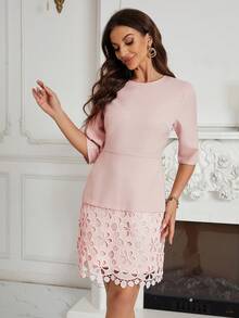Round Neck Long Sleeve Lace Splice Solid Color Dress With Gathered Waist - Pink - View 8