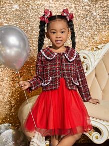 Young Girl Contrast Wave Tape Tweed Jacket & Mesh Overlay Dress - Red - View 6
