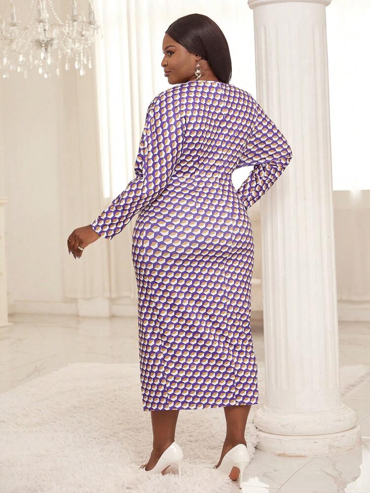 Plus Allover Print Split Thigh Dress Without Belt