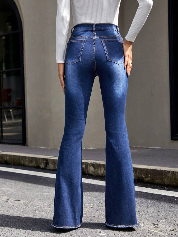 Button Fly Ripped Flare Leg Jeans