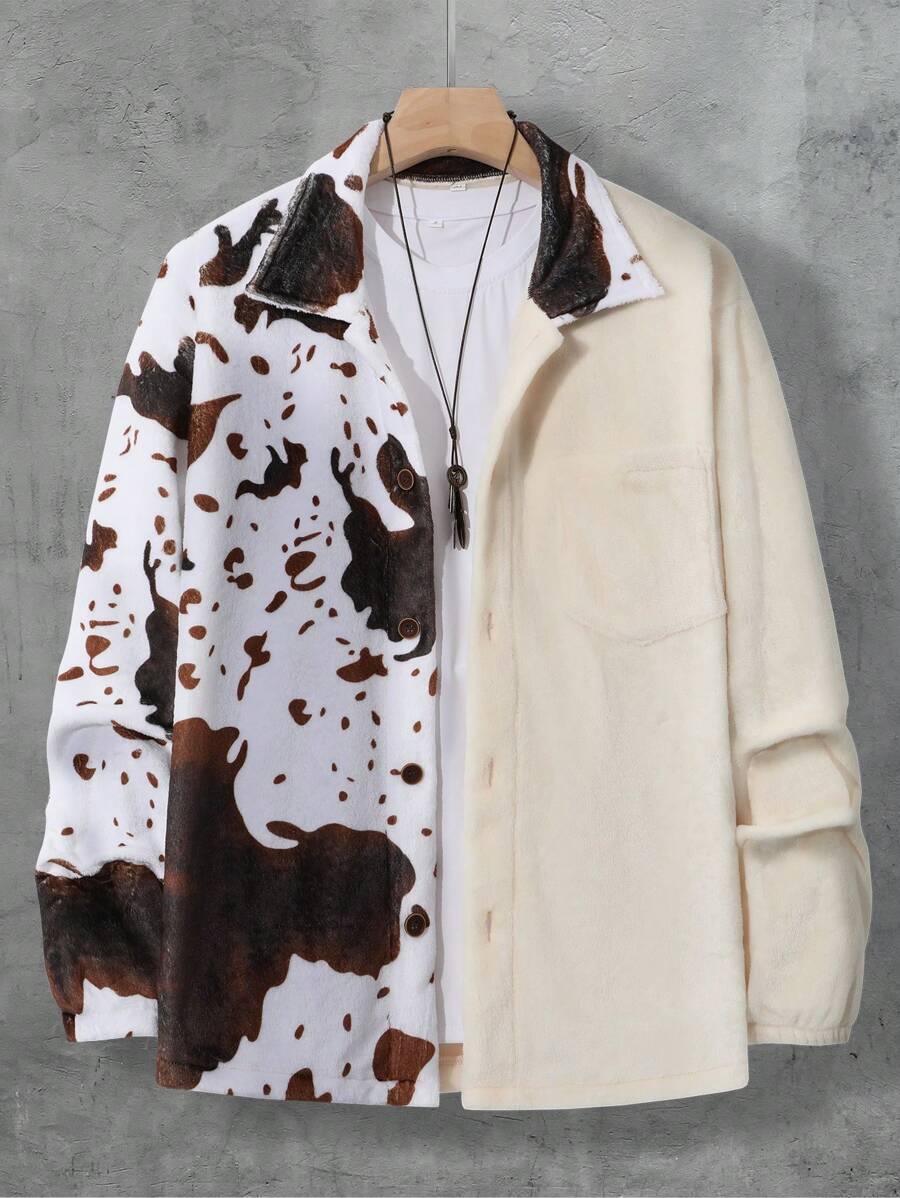 Manfinity Homme Loose Fit Men's Graphic Print Buttoned Jacket With Pocket And Patch Detail (T-Shirt Not Included)