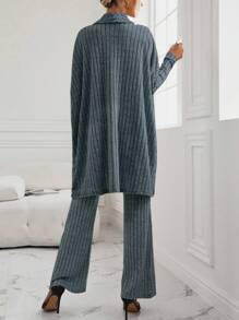 SHEIN LUNE Batwing Sleeve Wrap Cross Top & Flare Leg Pants - Dusty Blue - View 2