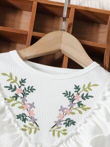 SHEIN 女童花卉刺繡荷葉邊腰帶連身裙 - 黃色 - 查看 5