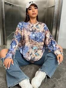 SHEIN EZwear Plus Butterfly Print Drop Shoulder Sweatshirt - Dark Grey - View 5