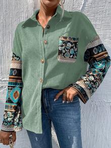 SHEIN LUNE In Thực vật Thả vai Đã vá Túi Áo khoác vải nhung - Màu xanh Bạc hà - Xem 3
