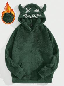 Manfinity RebelGame Men Cartoon Embroidery 3D Ears Design Flannel Hoodie - Army Green - View 1