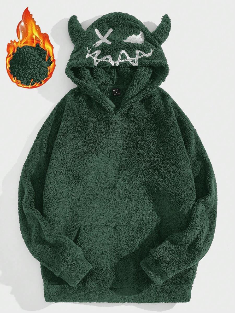Manfinity RebelGame Men Cartoon Embroidery 3D Ears Design Flannel Hoodie - Army Green - View 1
