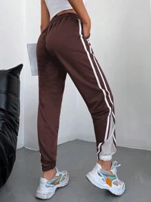 Cottnline Contrast Striped Side Drawstring Waist Sweatpants - Brown - View 2