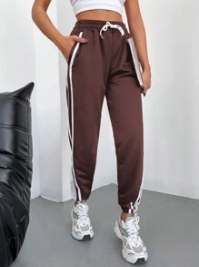 Cottnline Contrast Striped Side Drawstring Waist Sweatpants - Brown - View 3