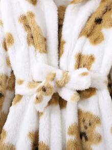 SHEIN Tween Girl Bear Print 3D Ears Design Hooded Flannel Belted Robe for Family Matching - Beige - View 3