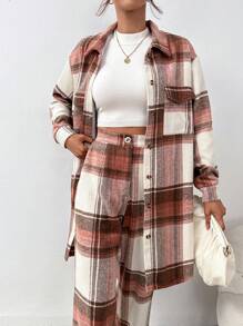 SHEIN Essnce Plaid Print Drop Shoulder Shirt & Pants - Multicolor - View 3