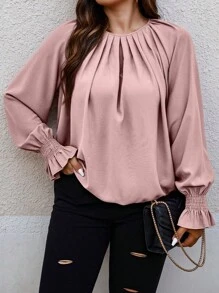 Celure Plus Flounce Sleeve Fold Pleated Blouse - Pink - View 1