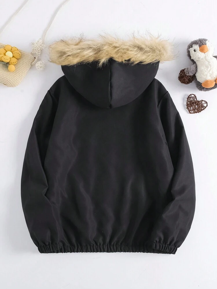 Tween Boy Letter Embroidery Fuzzy Trim Hooded Thermal Lined Jacket
