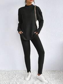 SHEIN Frenchy 小高領落肩T恤&緊身打底褲 - 黑色 - 查看 3