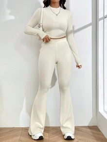 SHEIN EZwear Ladies' Solid Color T-shirt And Flared Pants Set - Apricot - View 5