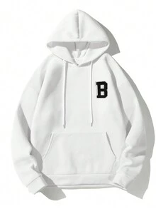 Manfinity Homme Nam Plus Thư được vá Túi kangaroo Dây rút Hoodie - trắng - Xem 3