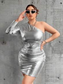 SHEIN ICON Của phụ nữ Kích thước lớn Một  vai Đầm In Kim loại Chất vải - Bạc - Xem 3