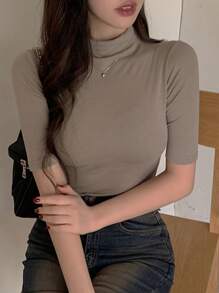 DAZY 女式纯色立领修身T恤高领衫 - 棕色 - 查看 4
