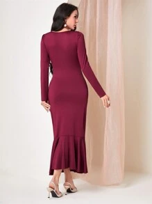 Modelyn 勃艮第红女式仿珍珠装饰鱼尾下摆长袖连衣裙 - 酒紅色 - 查看 2
