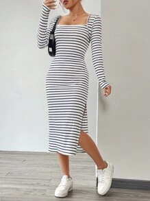 SHEIN Unity 黑白条纹开衩长袖连衣裙 - 黑與白 - 查看 5