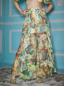 Alice McCall Designer Women Allover Print Ruffle Trim Wide Leg Pants, For Summer, Holiday, Festival