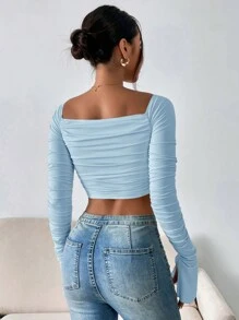 Firerie Concert Off Shoulder Ruched Split Cuff Bodycon Crop Top - Baby Blue - View 2
