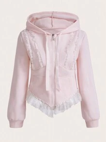 ROMWE Kawaii 对比色蕾丝拉链连帽运动衫，学校 - 粉色 - 查看 1