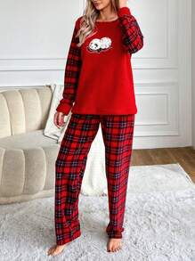 RueChic Cartoon Embroidered Plaid Flannel PJ Set - Red - View 4