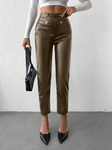 SHEIN Vrouwen PU Broeken Met knop Details