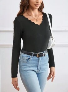 SHEIN LUNE Camiseta unicolor ribete en abanico - Negro - Ver 5