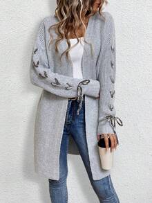 SHEIN Essnce 系带细节落肩开衫 - 灰色 - 查看 6