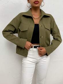 SHEIN LUNE Túi có nắp Thả vai Nút phía trước Áo khoác - xanh quân đội - Xem 4