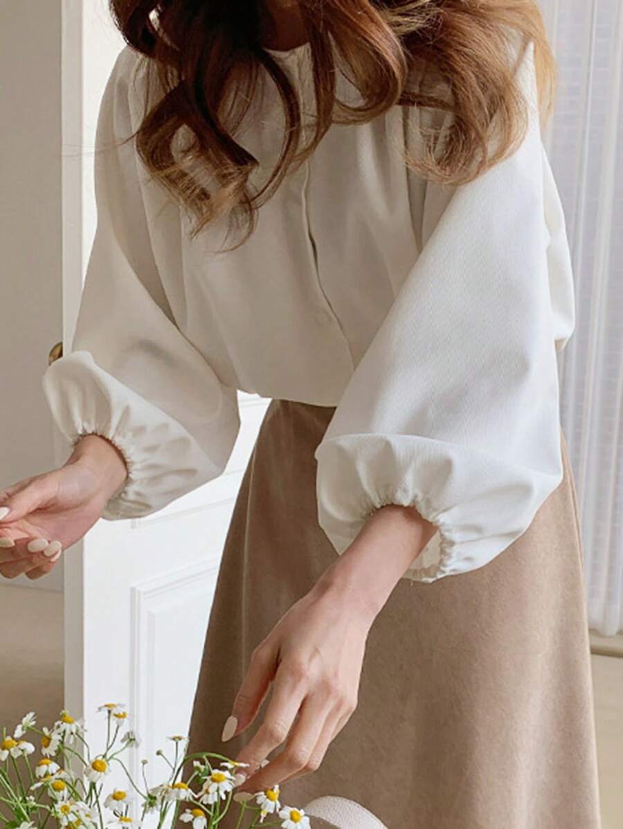 DAZY 1 Áo cánh tay đèn lồng màu trơn cho nữ, trang phục công sở thường ngày, áo dài tay mùa thu - trắng - Xem 1