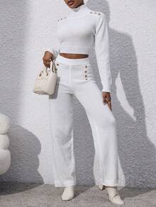 Chiquease Cổ cao Chi tiết Nút Áo len & Quần dệt kim - trắng - Xem 3