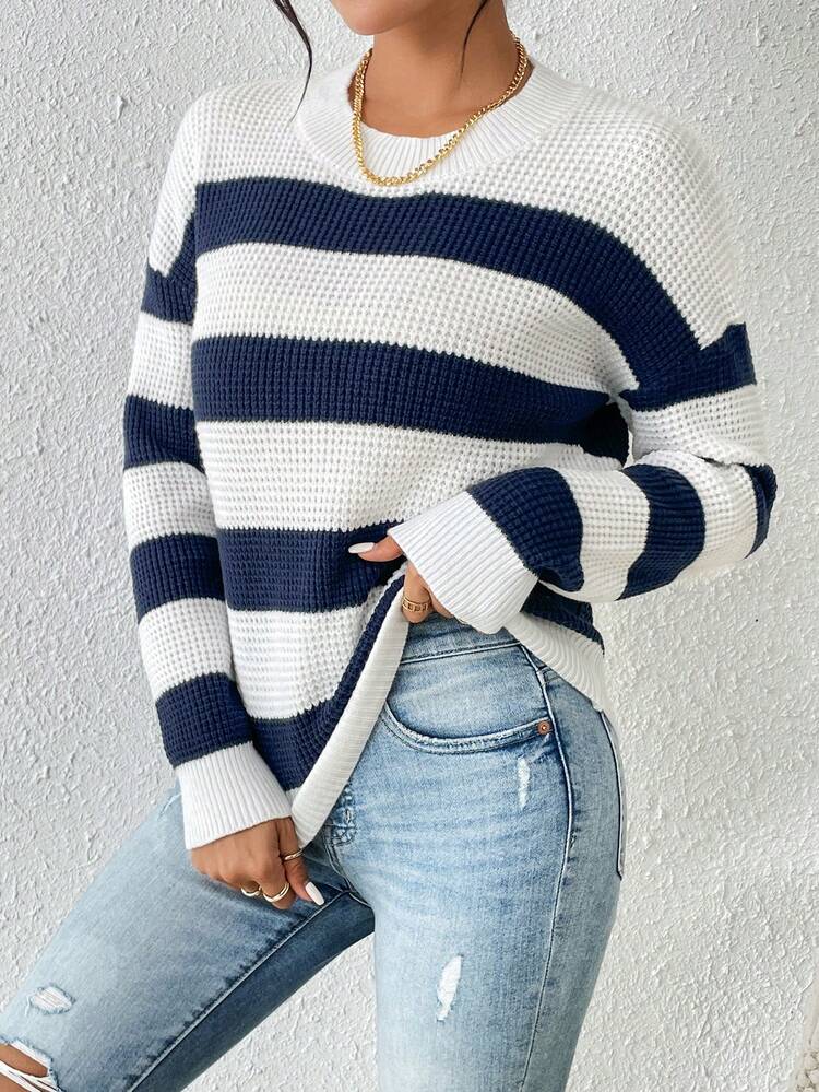 Two Tone Drop Shoulder Knit Pullover Fall Winter Sweater