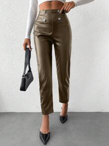 SHEIN Vrouwen PU Broeken Met knop Details